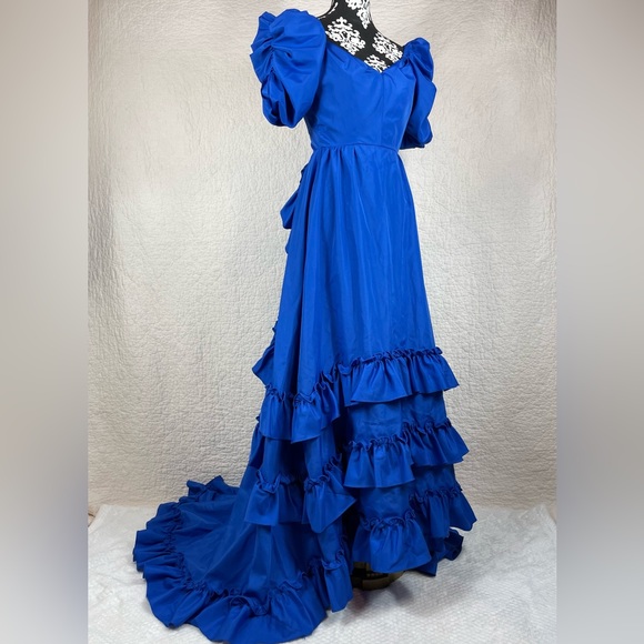 🔥Vintage ILGWU 1980s Blue Gown Ruffled Tiered Mermaid Dress Women Size 4 - Picture 4 of 17